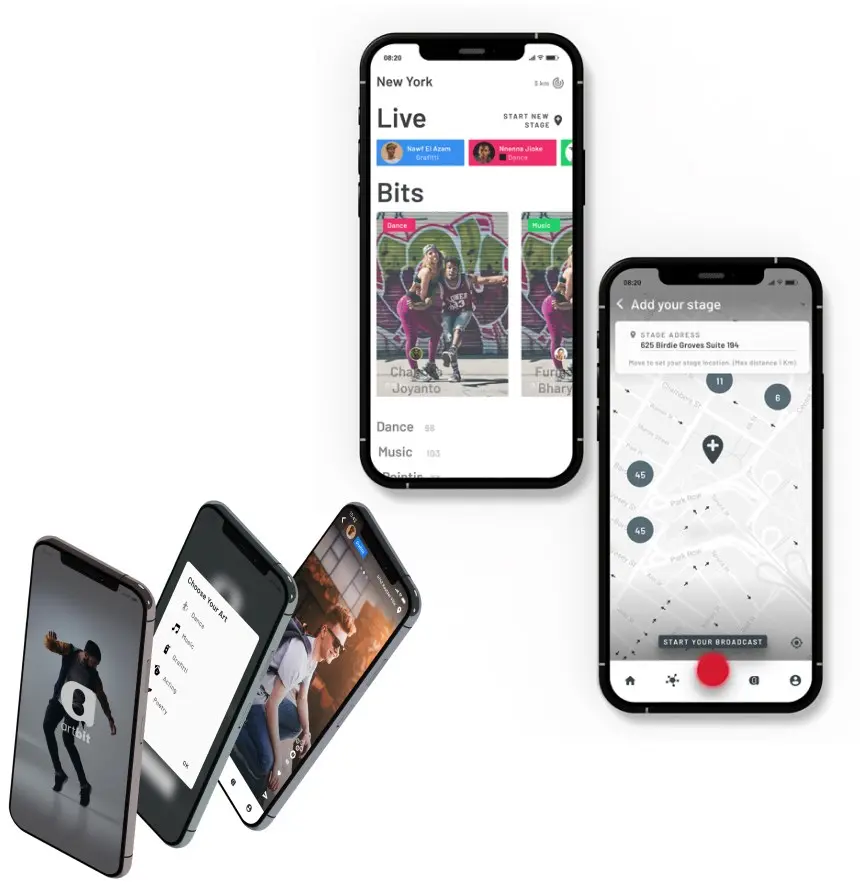 Artbit screens showing live streaming, a stage map and the feed
