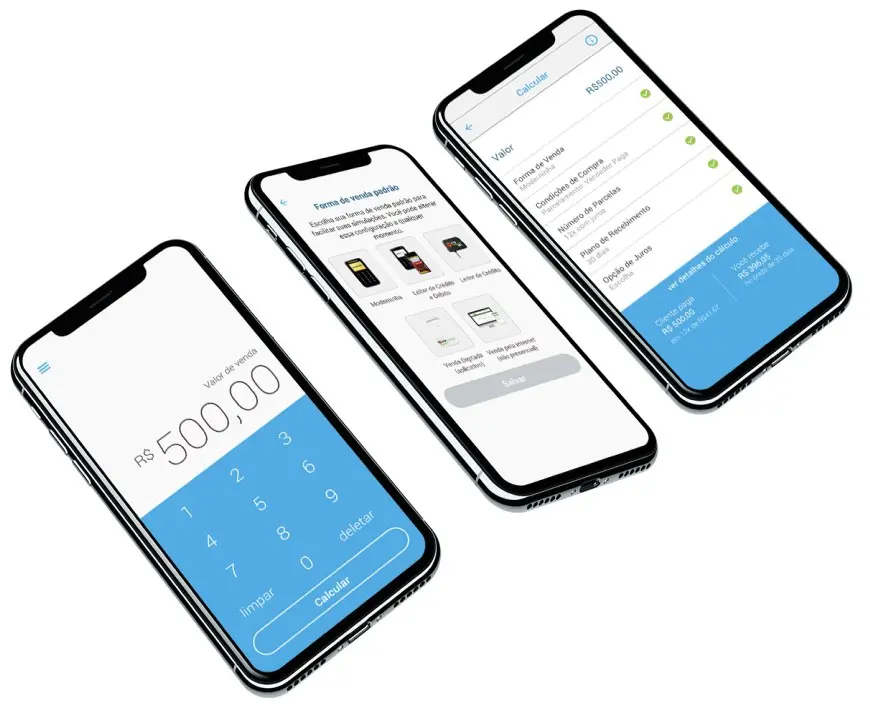 The Parcele Seguro app on three phones, showing the fee calculator