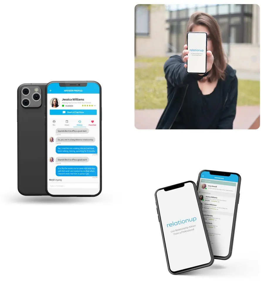 The Relationup app on phones, showing chat and an advisor profile