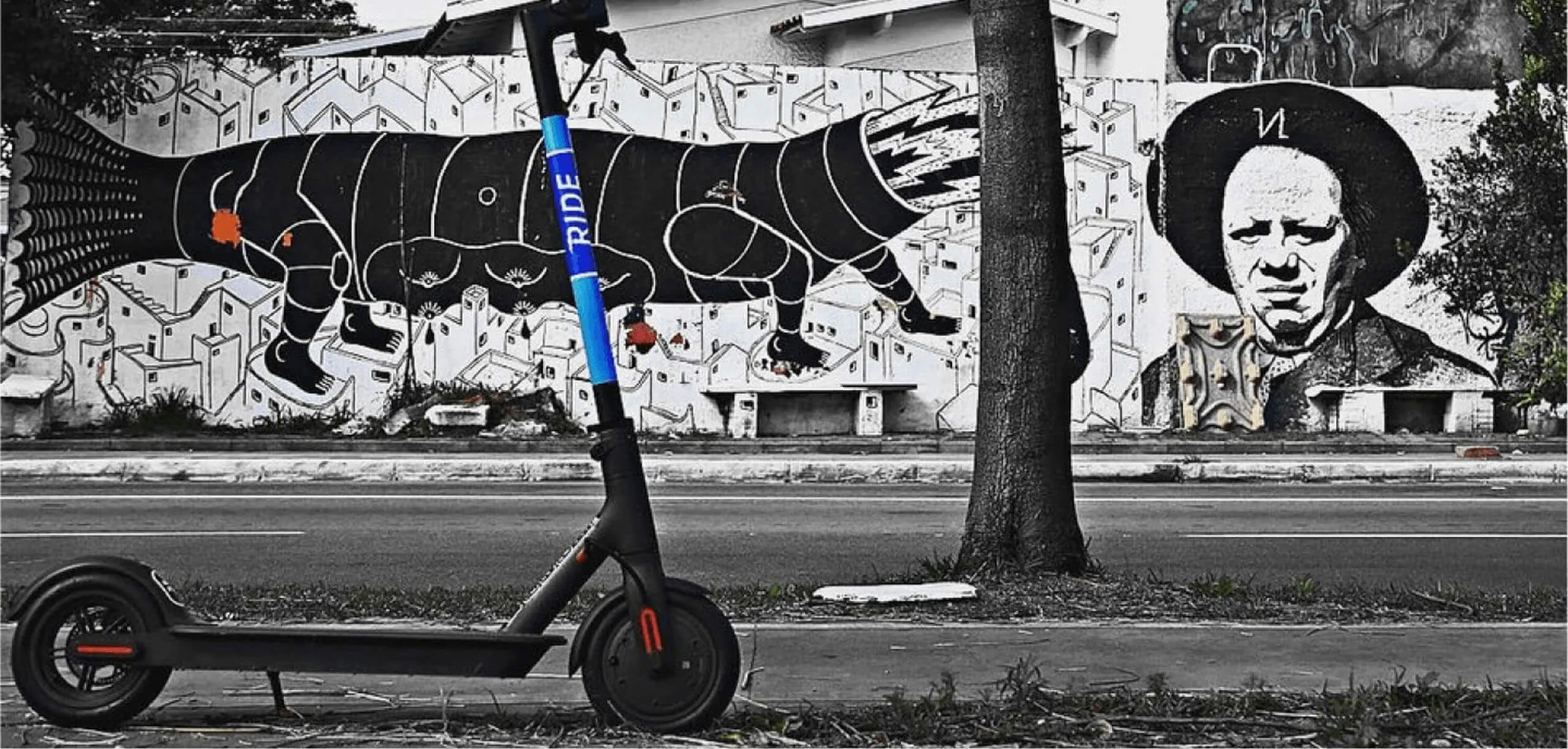 A Ride electric scooter in front of a graffitied wall