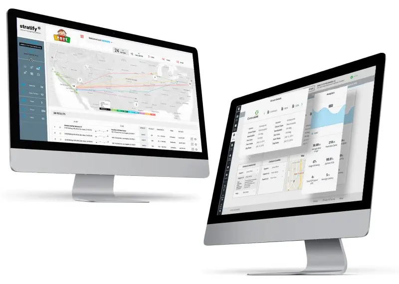 Stratify dashboards on two monitors, showing a network asset map